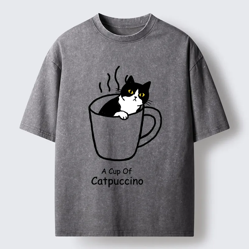 Tokyo-Tiger Catpuccino Cat Coffee Funny Washed T-Shirt