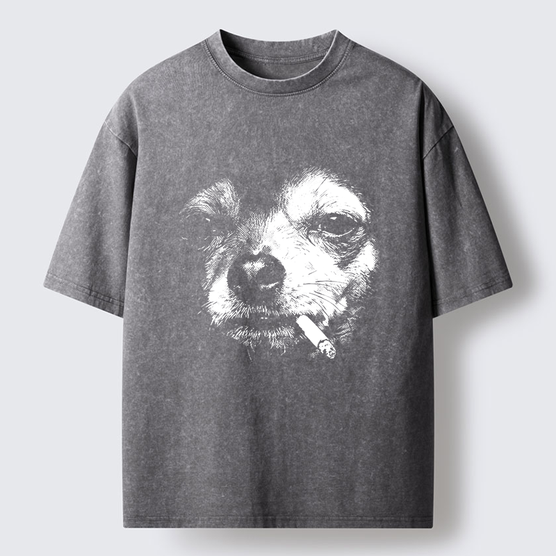 Tokyo-Tiger Smoking Dog Funny Meme Washed T-Shirt