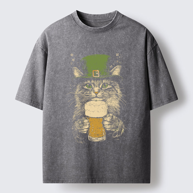 Tokyo-Tiger St Patrick's Day Drinking Cat Washed T-Shirt