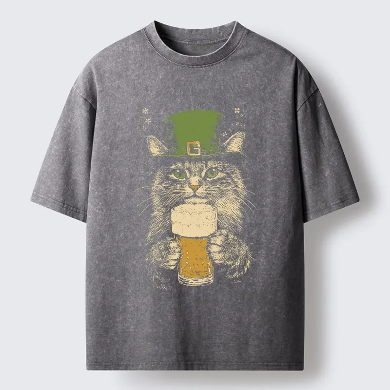 Tokyo-Tiger St Patrick's Day Drinking Cat Washed T-Shirt