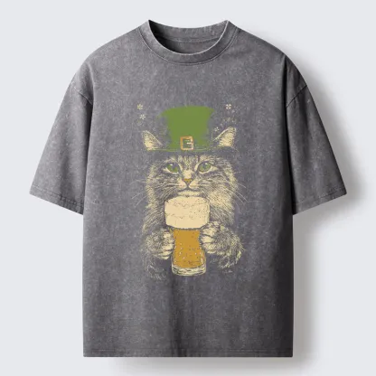 Tokyo-Tiger St Patrick's Day Drinking Cat Washed T-Shirt