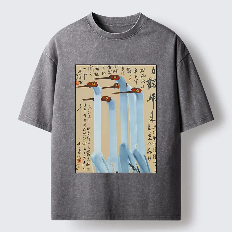 Tokyo-Tiger Vintage Ink Painting Crane Art Washed T-Shirt