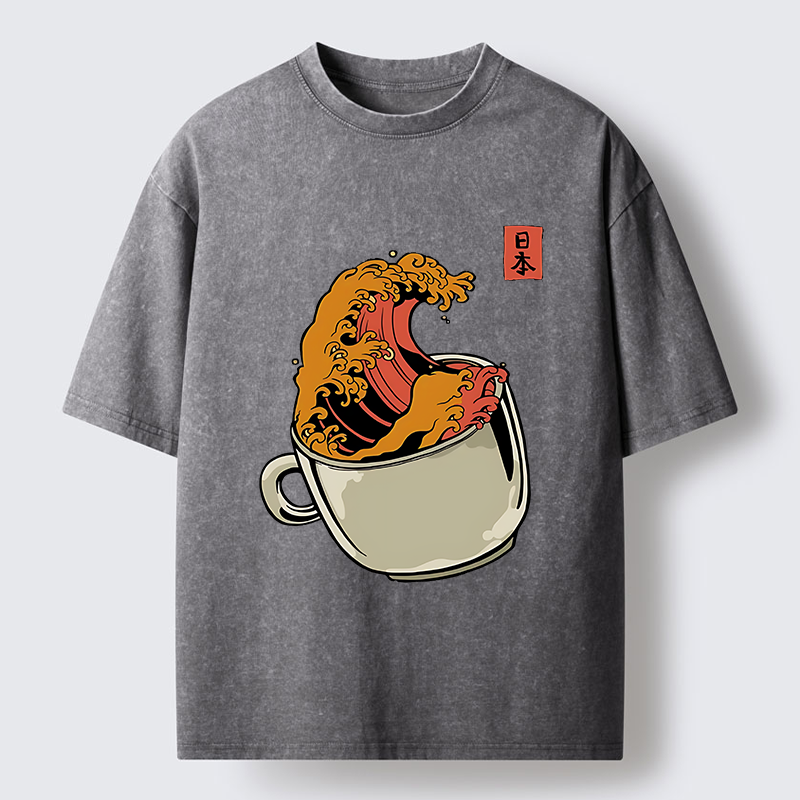 Tokyo-Tiger Japanese Wave Coffee Ukiyoe Washed T-Shirt