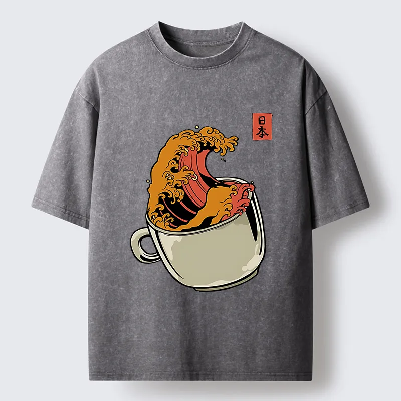 Tokyo-Tiger Japanese Wave Coffee Ukiyoe Washed T-Shirt