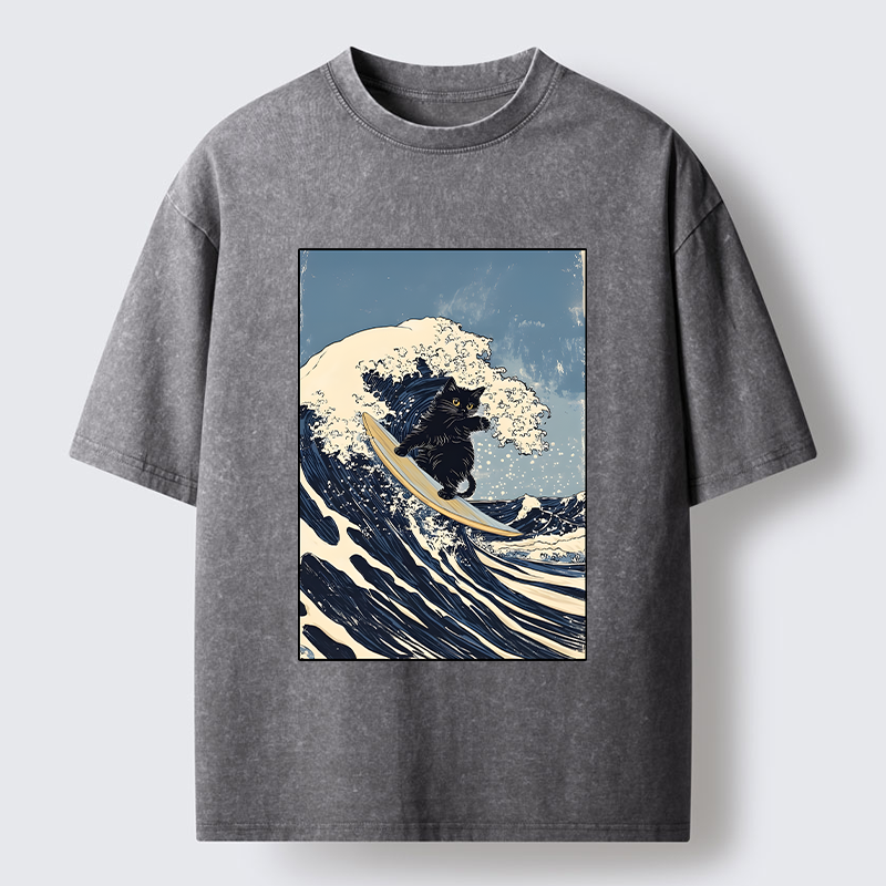 Tokyo-Tiger Black Cat Surfing Wave Japanese Ukiyoe Washed T-Shirt