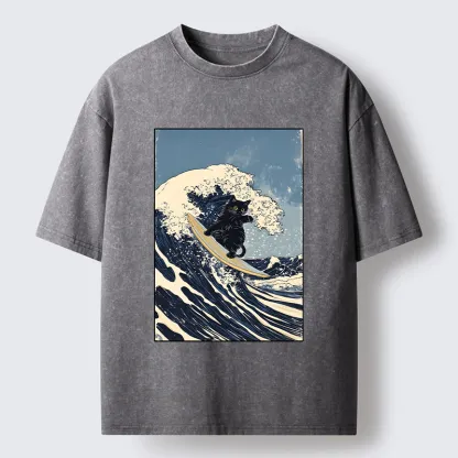 Tokyo-Tiger Black Cat Surfing Wave Japanese Ukiyoe Washed T-Shirt