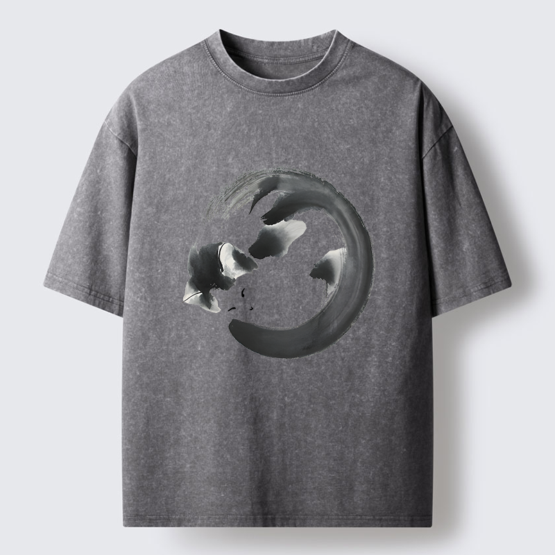 Tokyo-Tiger Inkpainting Cat Zen Enso Washed T-Shirt