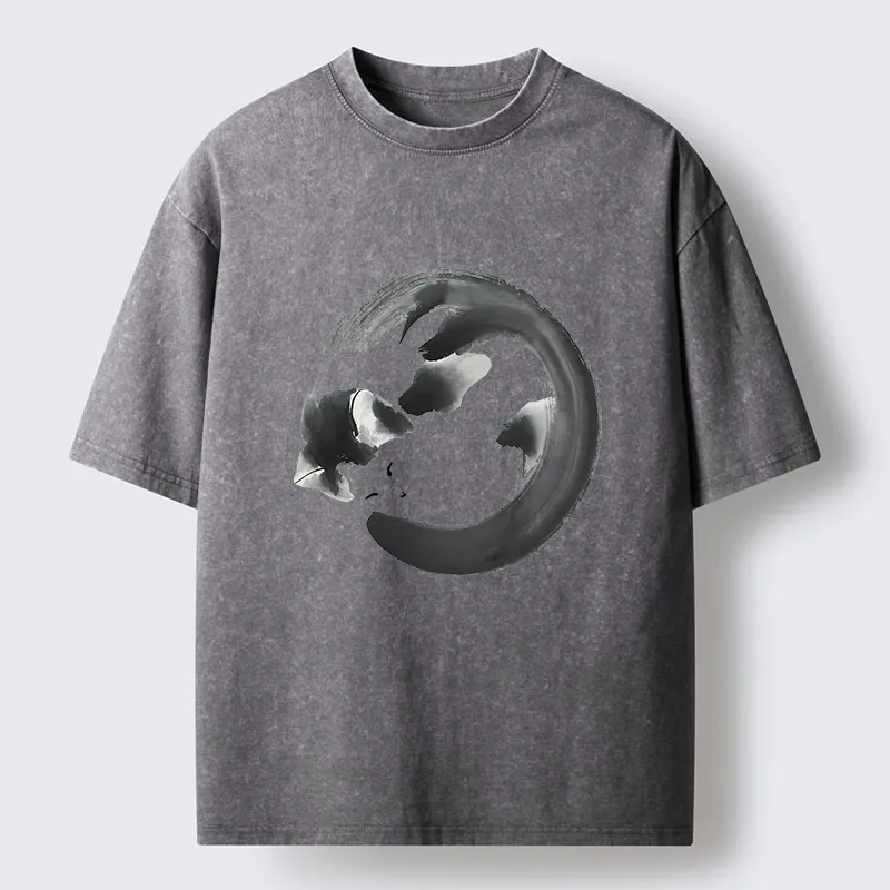Tokyo-Tiger Inkpainting Cat Zen Enso Washed T-Shirt