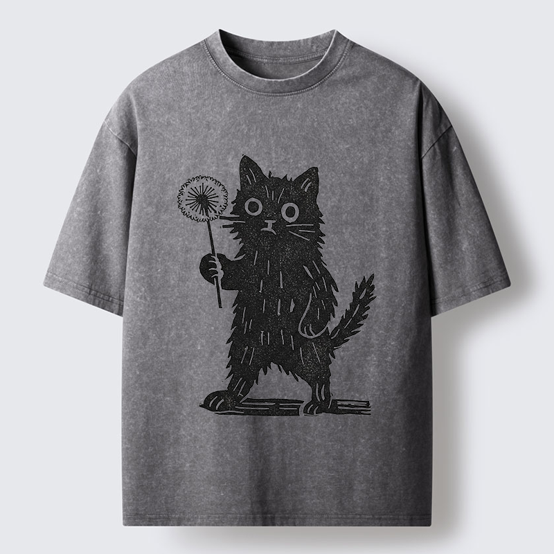 Tokyo-Tiger Cat And Dandelion Woodblock Washed T-Shirt