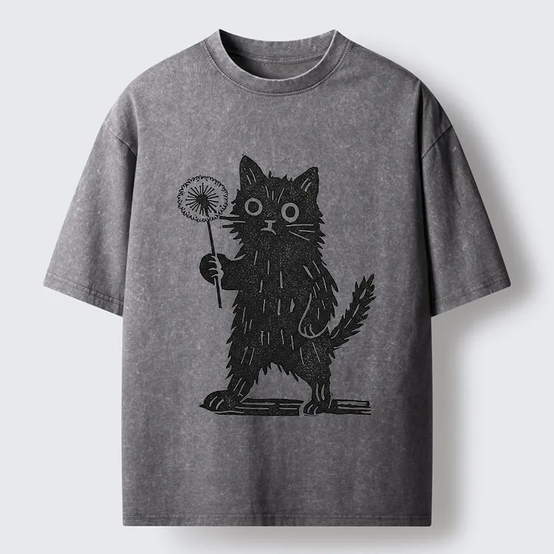 Tokyo-Tiger Cat And Dandelion Woodblock Washed T-Shirt
