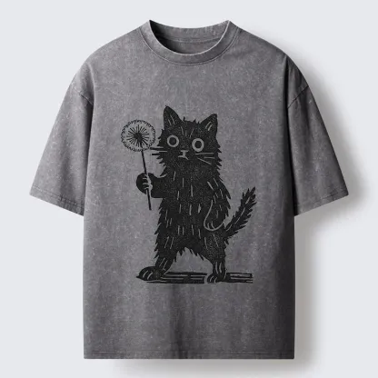 Tokyo-Tiger Cat And Dandelion Woodblock Washed T-Shirt