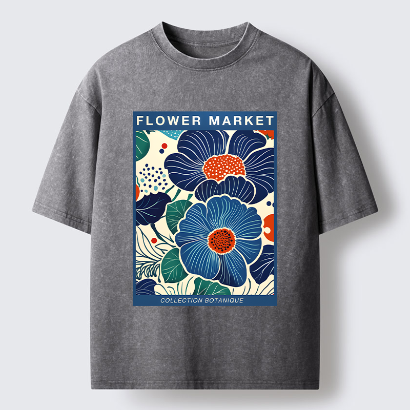 Tokyo-Tiger Blue Flowers Botanical Art Washed T-Shirt