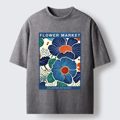 Tokyo-Tiger Blue Flowers Botanical Art Washed T-Shirt