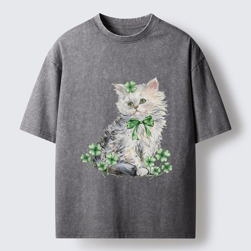 Tokyo-Tiger St Patricks Day Cat Clover Washed T-Shirt