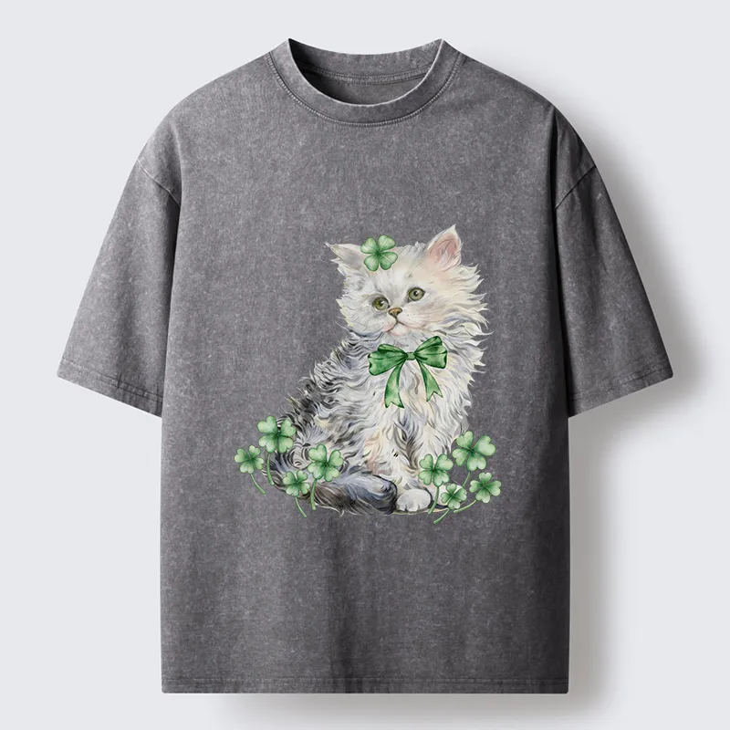 Tokyo-Tiger St Patricks Day Cat Clover Washed T-Shirt