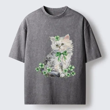 Tokyo-Tiger St Patricks Day Cat Clover Washed T-Shirt