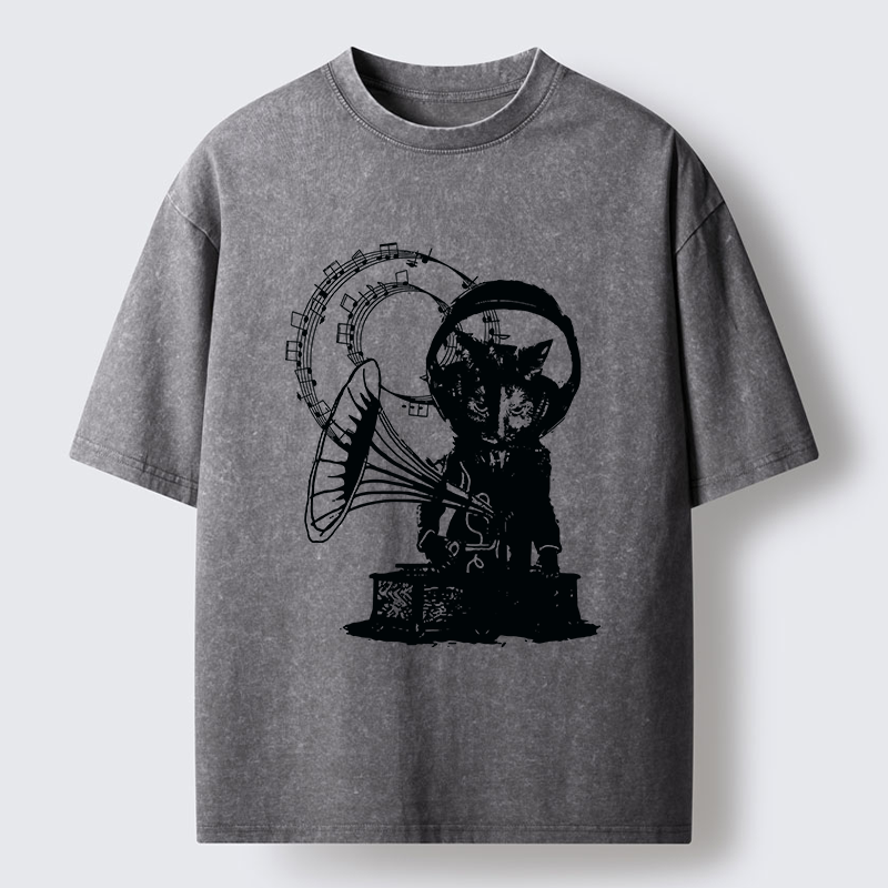 Tokyo-Tiger Vintage Cat Phonograph Music Washed T-Shirt