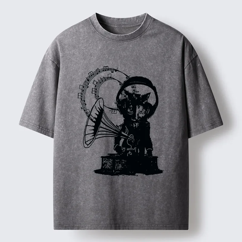 Tokyo-Tiger Vintage Cat Phonograph Music Washed T-Shirt