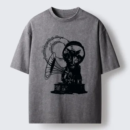 Tokyo-Tiger Vintage Cat Phonograph Music Washed T-Shirt
