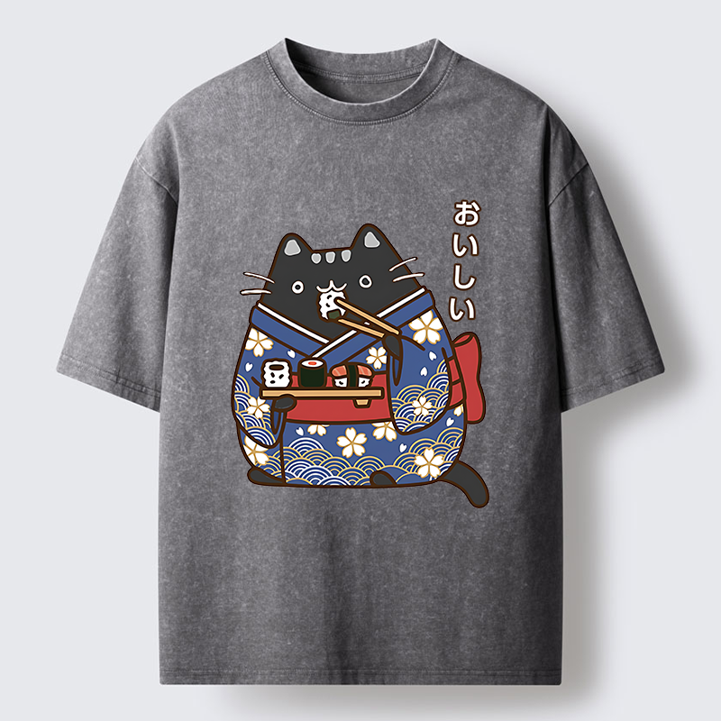Tokyo-Tiger Geisha Cat Sushi Washed T-Shirt