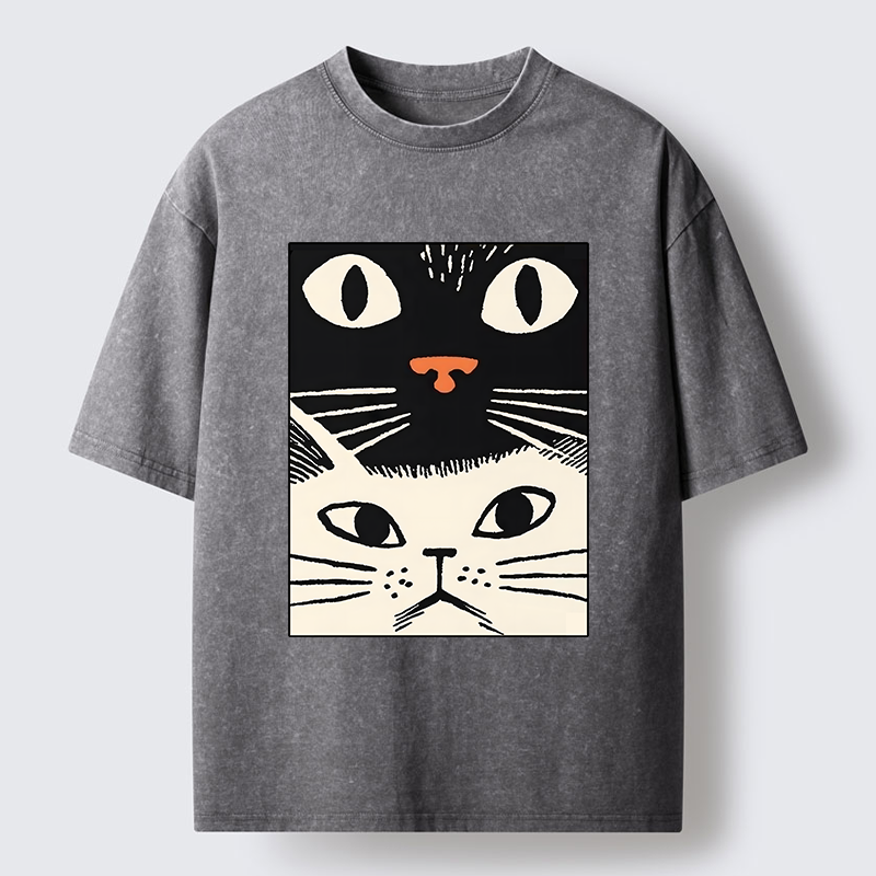 Tokyo-Tiger Black Cat And White Cat Washed T-Shirt