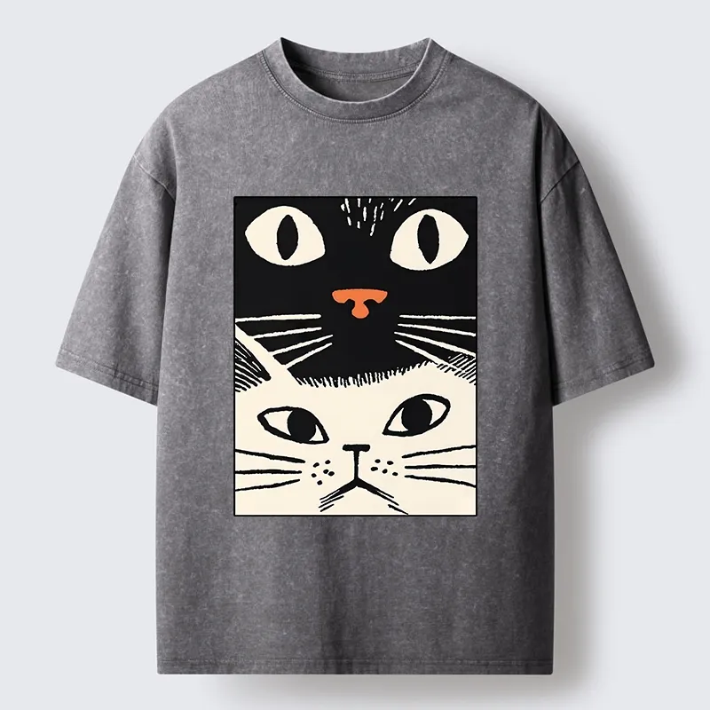 Tokyo-Tiger Black Cat And White Cat Washed T-Shirt