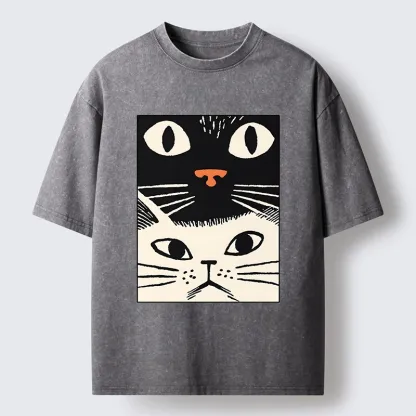 Tokyo-Tiger Black Cat And White Cat Washed T-Shirt
