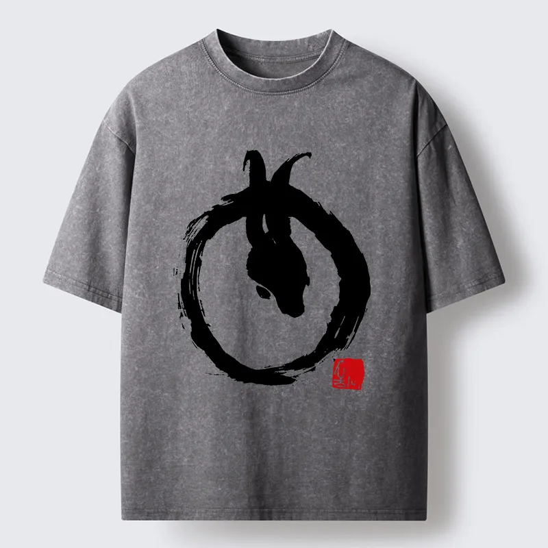 Tokyo-Tiger Ink Painting Zen Enso Rabbit Washed T-Shirt