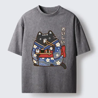 Tokyo-Tiger Geisha Cat Sushi Washed T-Shirt