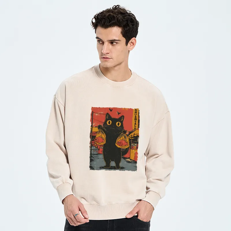 Tokyo-Tiger Cat Fishing Japanese Washed Sweatshirt