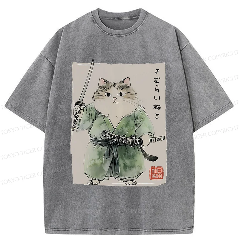 Tokyo-Tiger Fat Cat Samurai Washed T-Shirt