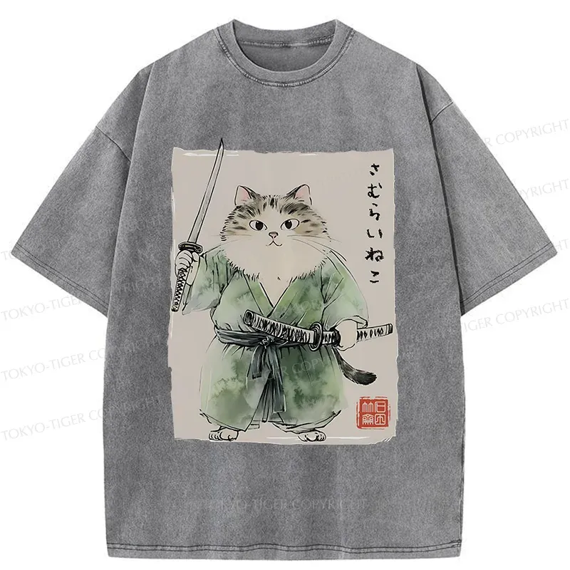 Tokyo-Tiger Fat Cat Samurai Washed T-Shirt