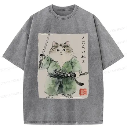 Tokyo-Tiger Fat Cat Samurai Washed T-Shirt