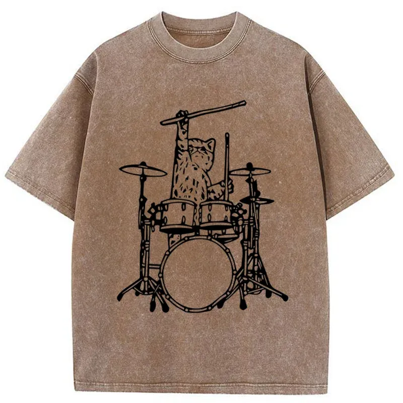 Tokyo-Tiger Handsome Cat Drummer Washed T-Shirt