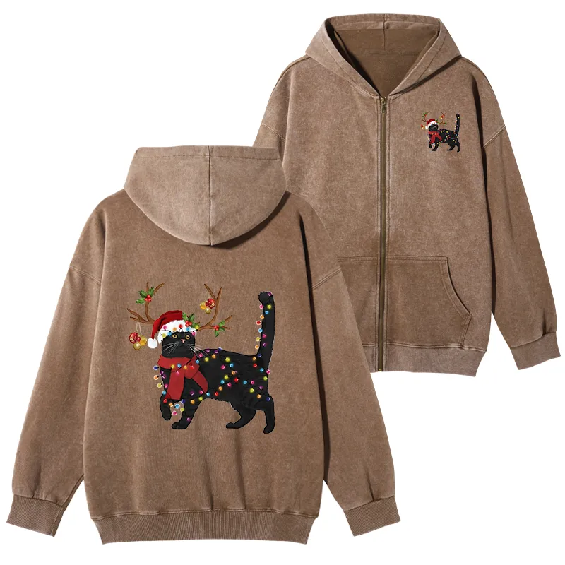 Tokyo-Tiger Christmas Black Cat Washed Zip Hoodie
