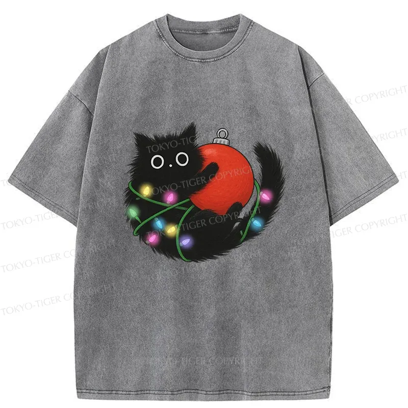 Tokyo-Tiger Black Cat Entangled In Light Strips Washed T-Shirt