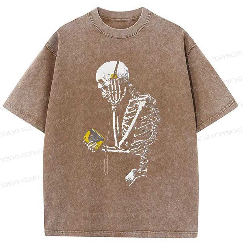 Tokyo-Tiger Skeleton Listening To Music Washed T-Shirt