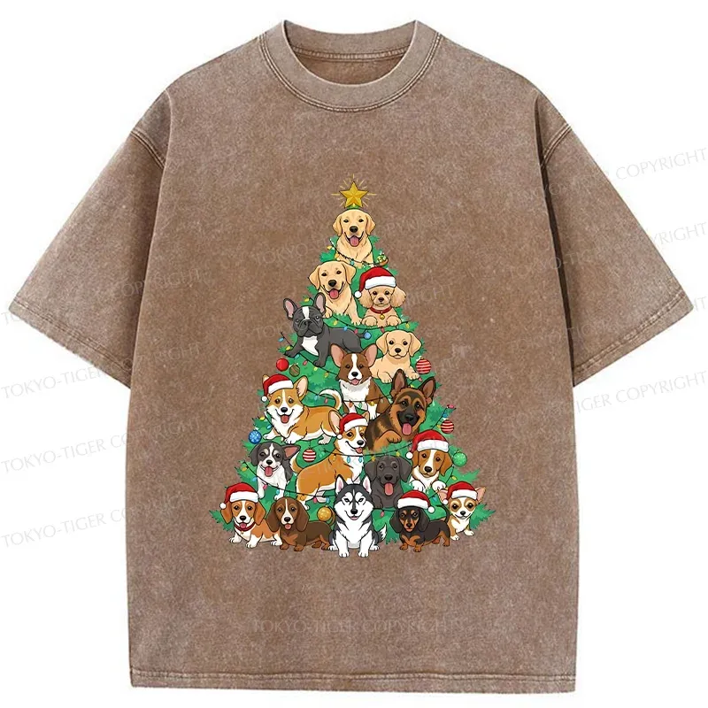 Tokyo-Tiger Christmas Tree Dog Funny Washed T-Shirt