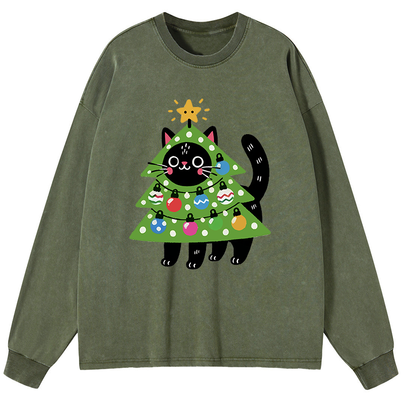 Tokyo-Tiger Christmas Tree Cat Washed Long Sleeve T-Shirt