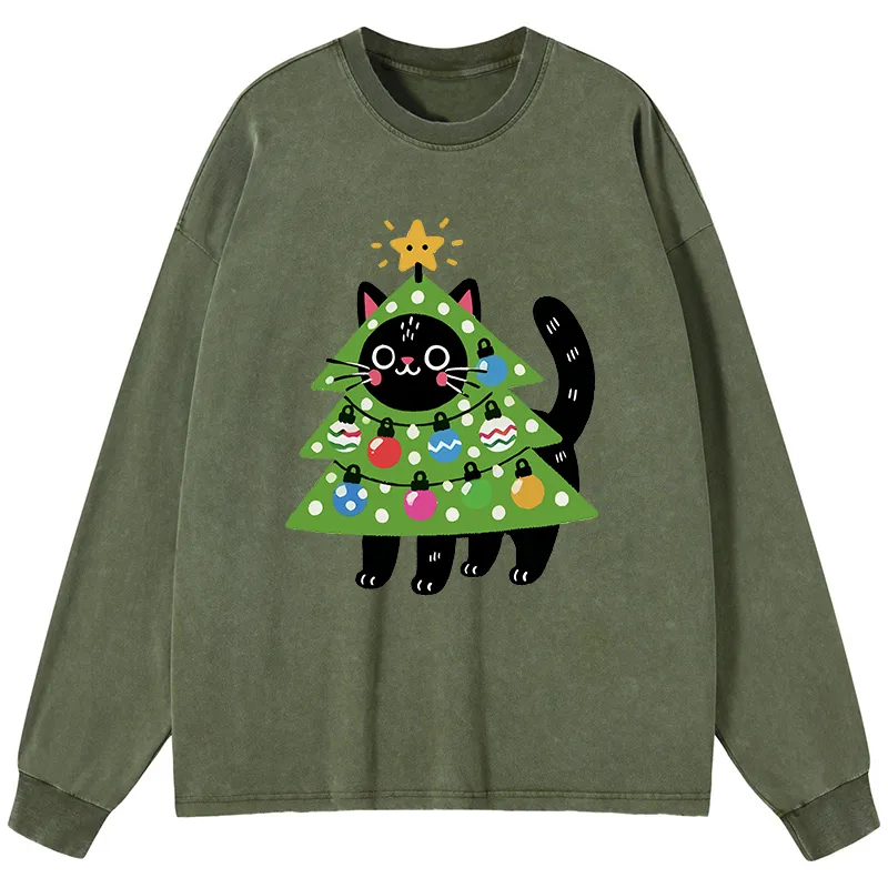 Tokyo-Tiger Christmas Tree Cat Washed Long Sleeve T-Shirt