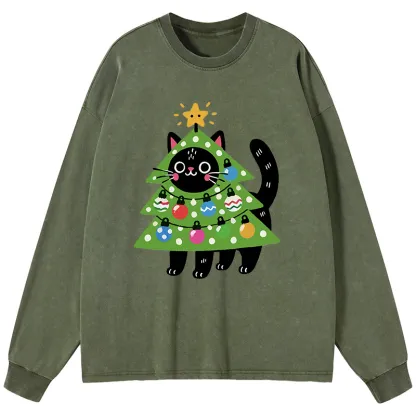 Tokyo-Tiger Christmas Tree Cat Washed Long Sleeve T-Shirt