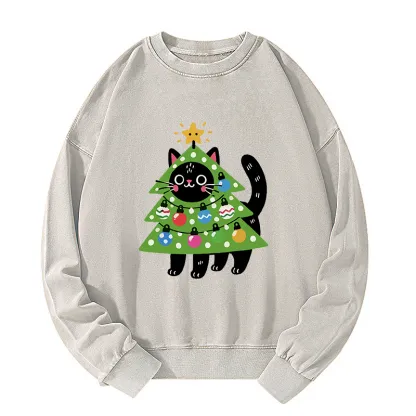 Tokyo-Tiger Christmas Tree Cat Washed Sweatshirt