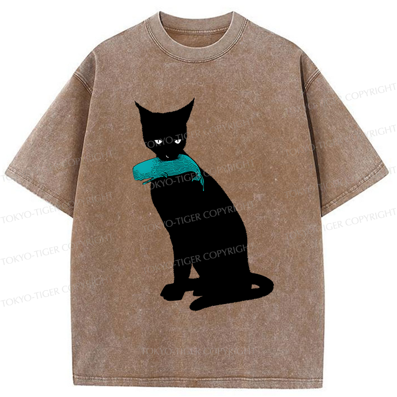 Tokyo-Tiger Cat Eats Whale Washed T-Shirt Sale