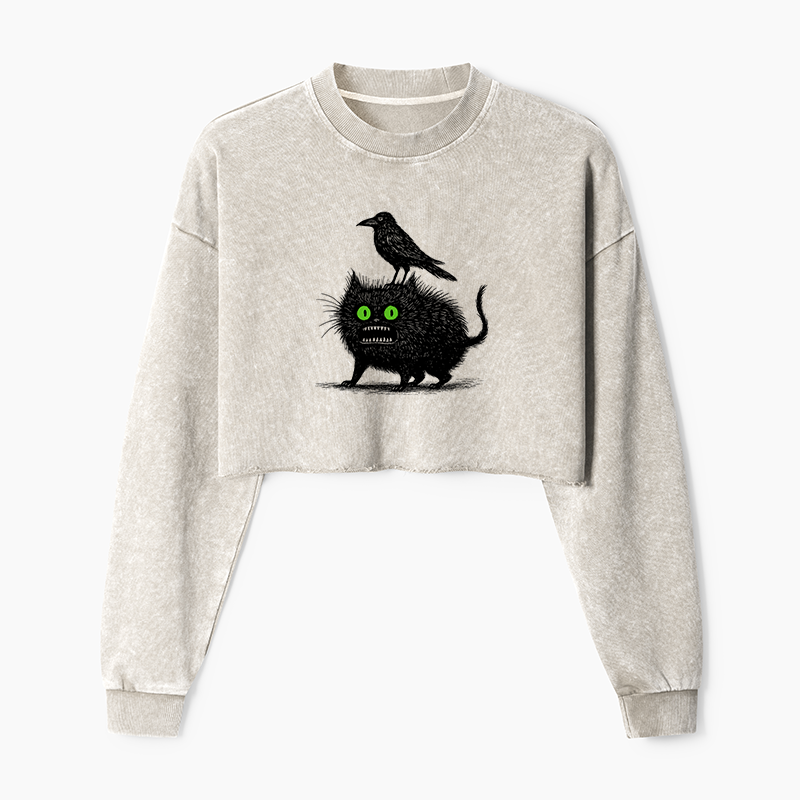 Tokyo-Tiger Crow And Black Cat Washed Crop Sweatshirt