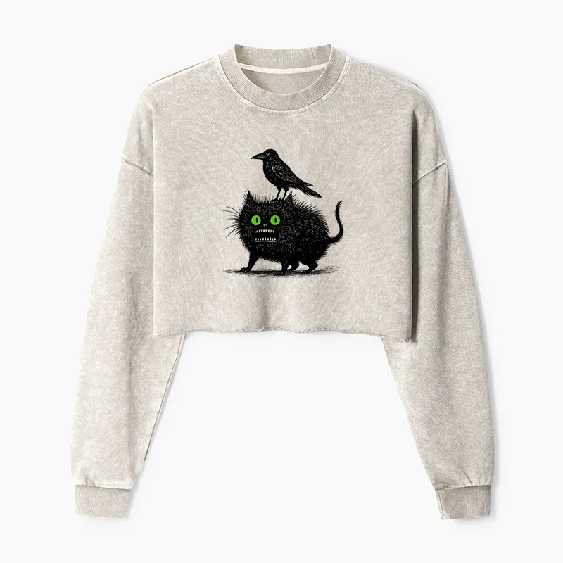 Tokyo-Tiger Crow And Black Cat Washed Crop Sweatshirt