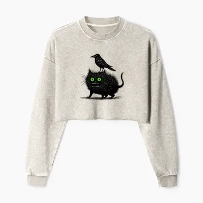 Tokyo-Tiger Crow And Black Cat Washed Crop Sweatshirt