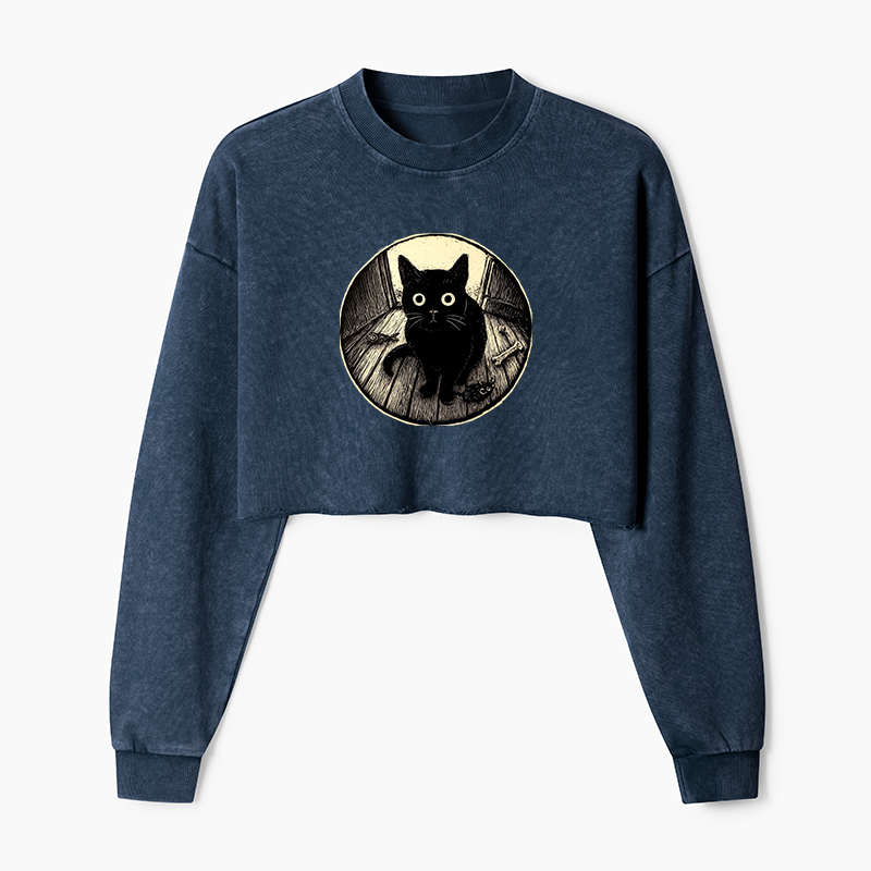 Tokyo-Tiger Waiting Black Cat Washed Crop Sweatshirt