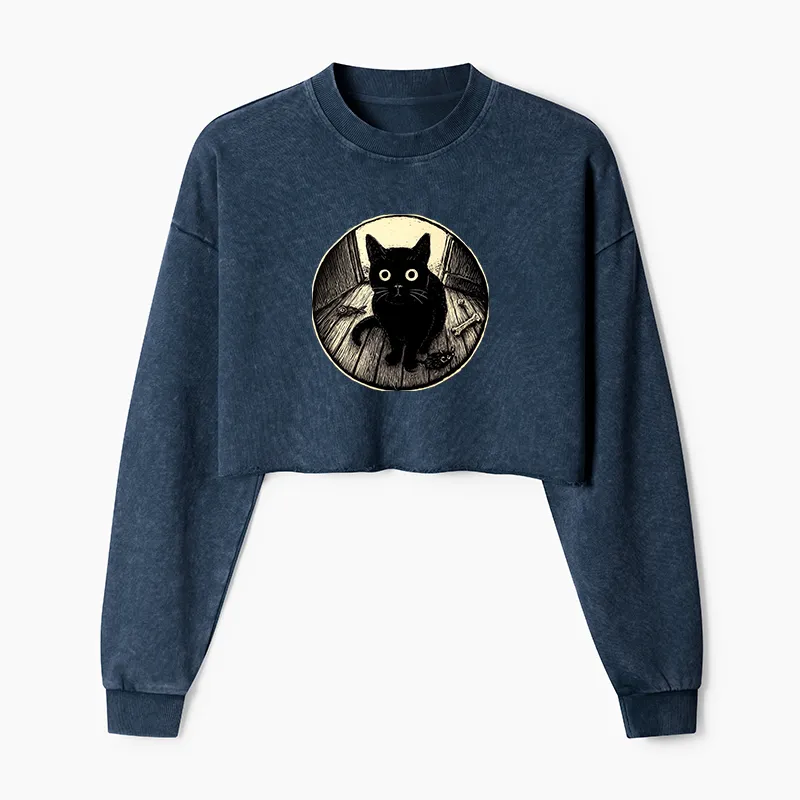 Tokyo-Tiger Waiting Black Cat Washed Crop Sweatshirt