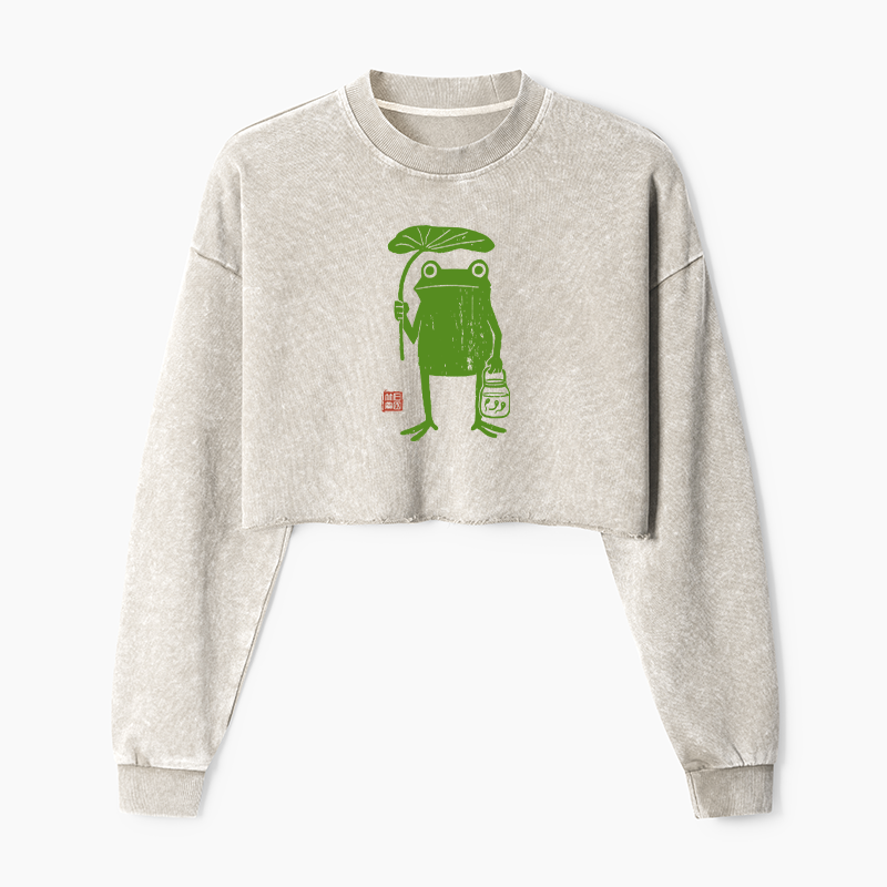 Tokyo-Tiger Frogs Taking Shelter From The Rain Washed Crop Sweatshirt