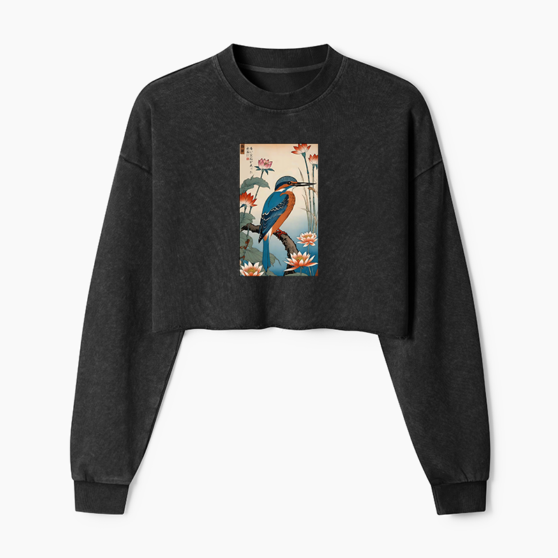 Tokyo-Tiger Ukiyo-e Kingfisher Washed Crop Sweatshirt